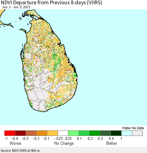 Sri Lanka NDVI Departure from Previous 8-days (VIIRS) Thematic Map For 6/2/2023 - 6/9/2023