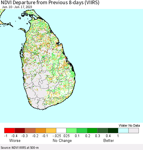Sri Lanka NDVI Departure from Previous 8-days (VIIRS) Thematic Map For 6/10/2023 - 6/17/2023