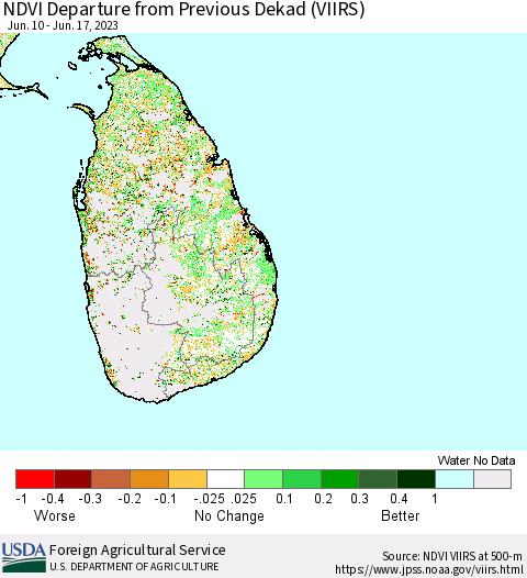 Sri Lanka NDVI Departure from Previous Dekad (VIIRS) Thematic Map For 6/11/2023 - 6/20/2023
