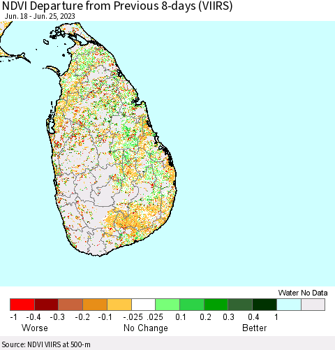 Sri Lanka NDVI Departure from Previous 8-days (VIIRS) Thematic Map For 6/18/2023 - 6/25/2023