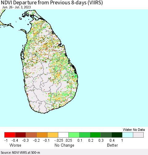 Sri Lanka NDVI Departure from Previous 8-days (VIIRS) Thematic Map For 6/26/2023 - 7/3/2023