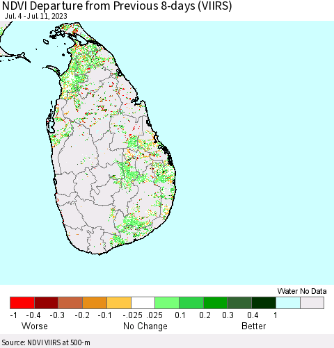 Sri Lanka NDVI Departure from Previous 8-days (VIIRS) Thematic Map For 7/4/2023 - 7/11/2023
