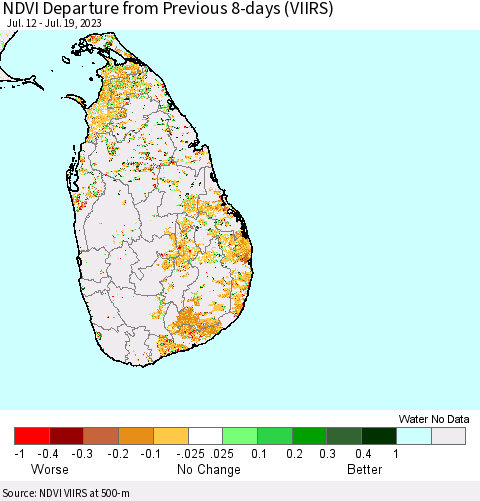 Sri Lanka NDVI Departure from Previous 8-days (VIIRS) Thematic Map For 7/12/2023 - 7/19/2023