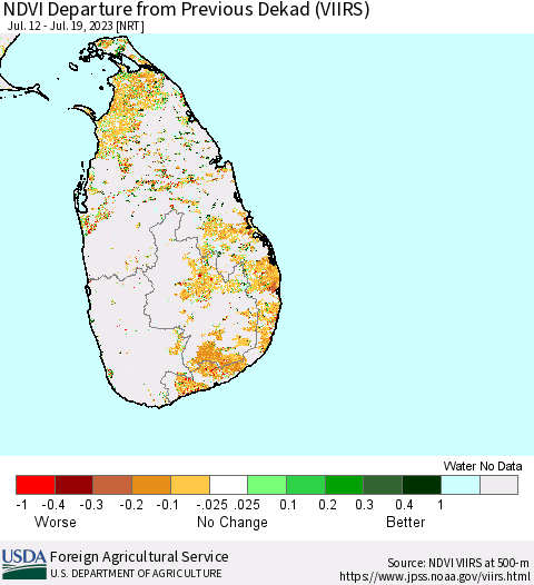 Sri Lanka NDVI Departure from Previous Dekad (VIIRS) Thematic Map For 7/11/2023 - 7/20/2023