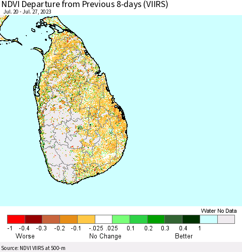 Sri Lanka NDVI Departure from Previous 8-days (VIIRS) Thematic Map For 7/20/2023 - 7/27/2023