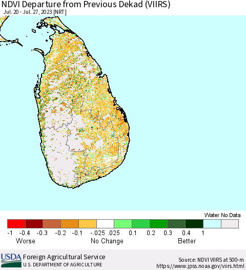 Sri Lanka NDVI Departure from Previous Dekad (VIIRS) Thematic Map For 7/21/2023 - 7/31/2023