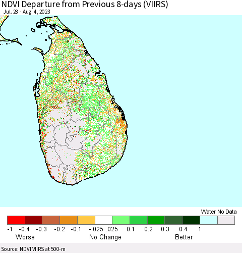 Sri Lanka NDVI Departure from Previous 8-days (VIIRS) Thematic Map For 7/28/2023 - 8/4/2023