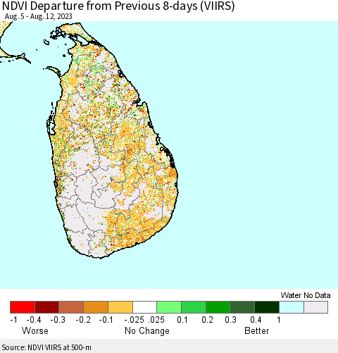 Sri Lanka NDVI Departure from Previous 8-days (VIIRS) Thematic Map For 8/5/2023 - 8/12/2023