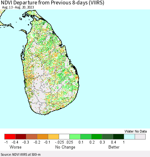 Sri Lanka NDVI Departure from Previous Dekad (VIIRS) Thematic Map For 8/11/2023 - 8/20/2023