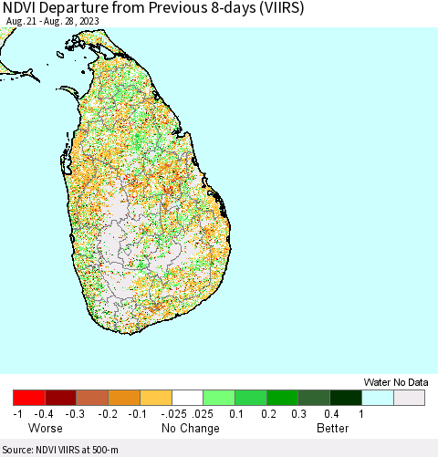 Sri Lanka NDVI Departure from Previous 8-days (VIIRS) Thematic Map For 8/21/2023 - 8/28/2023