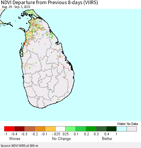 Sri Lanka NDVI Departure from Previous 8-days (VIIRS) Thematic Map For 8/29/2023 - 9/5/2023