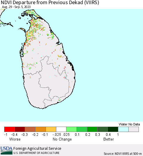 Sri Lanka NDVI Departure from Previous Dekad (VIIRS) Thematic Map For 9/1/2023 - 9/10/2023