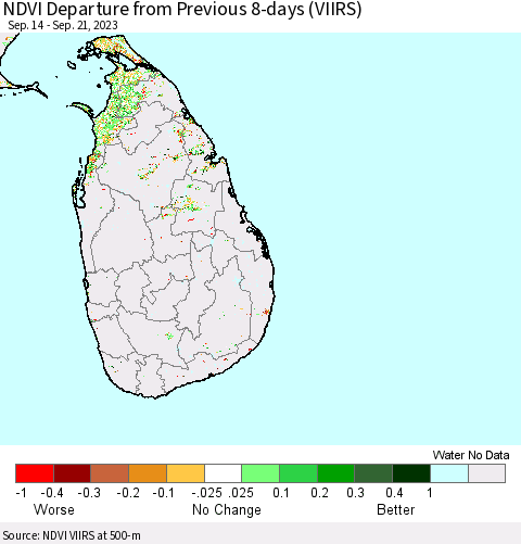 Sri Lanka NDVI Departure from Previous 8-days (VIIRS) Thematic Map For 9/14/2023 - 9/21/2023