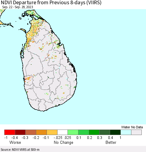 Sri Lanka NDVI Departure from Previous 8-days (VIIRS) Thematic Map For 9/22/2023 - 9/29/2023