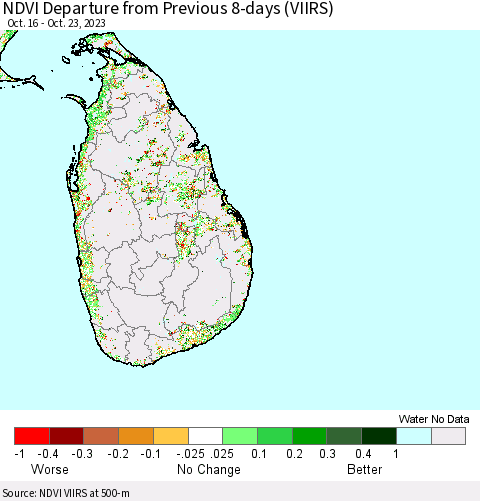 Sri Lanka NDVI Departure from Previous 8-days (VIIRS) Thematic Map For 10/16/2023 - 10/23/2023