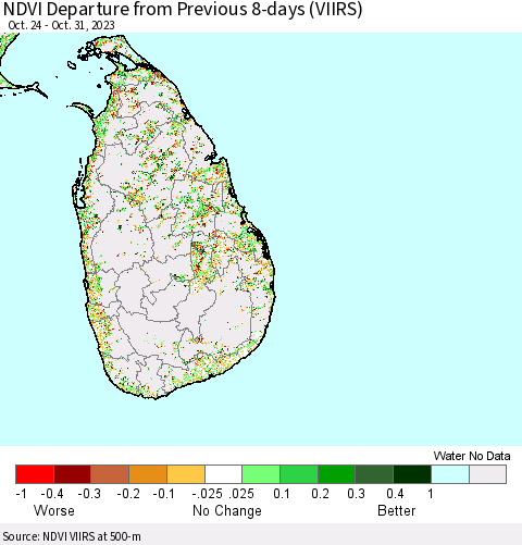 Sri Lanka NDVI Departure from Previous 8-days (VIIRS) Thematic Map For 10/24/2023 - 10/31/2023