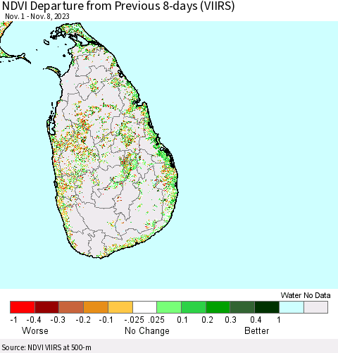 Sri Lanka NDVI Departure from Previous 8-days (VIIRS) Thematic Map For 11/1/2023 - 11/8/2023