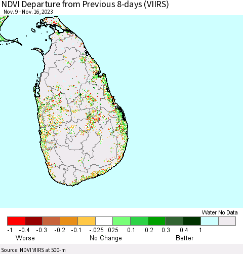Sri Lanka NDVI Departure from Previous 8-days (VIIRS) Thematic Map For 11/9/2023 - 11/16/2023