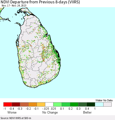 Sri Lanka NDVI Departure from Previous 8-days (VIIRS) Thematic Map For 11/17/2023 - 11/24/2023