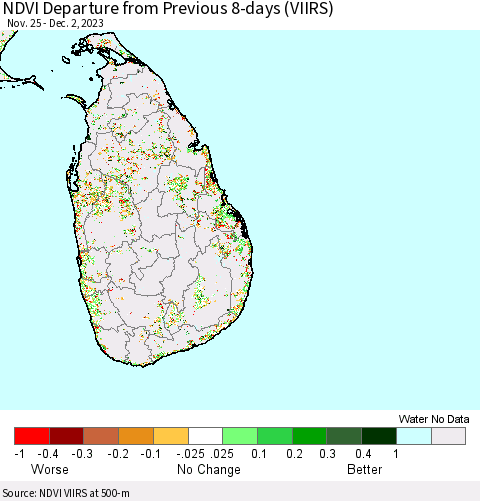 Sri Lanka NDVI Departure from Previous 8-days (VIIRS) Thematic Map For 11/25/2023 - 12/2/2023