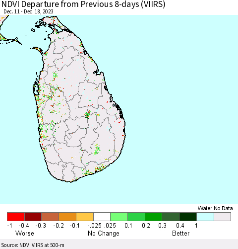 Sri Lanka NDVI Departure from Previous 8-days (VIIRS) Thematic Map For 12/11/2023 - 12/18/2023