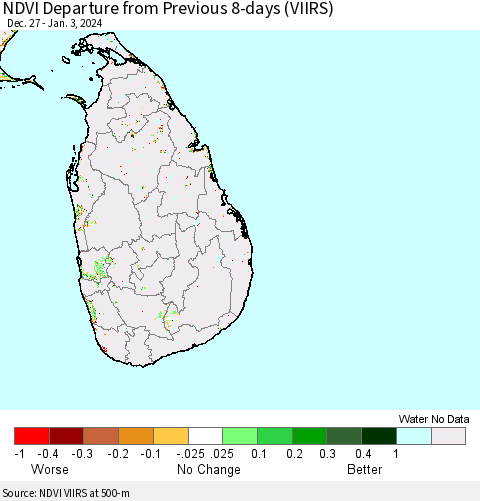 Sri Lanka NDVI Departure from Previous 8-days (VIIRS) Thematic Map For 12/27/2023 - 1/3/2024