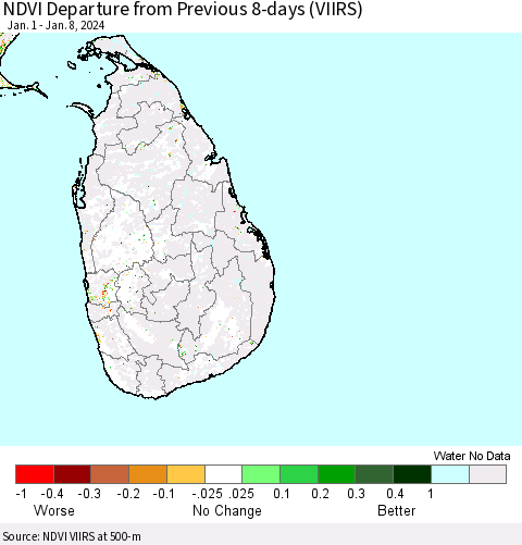 Sri Lanka NDVI Departure from Previous 8-days (VIIRS) Thematic Map For 1/1/2024 - 1/8/2024