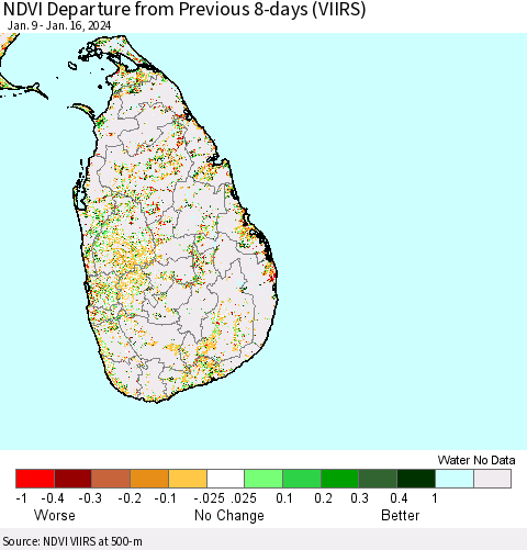 Sri Lanka NDVI Departure from Previous 8-days (VIIRS) Thematic Map For 1/9/2024 - 1/16/2024