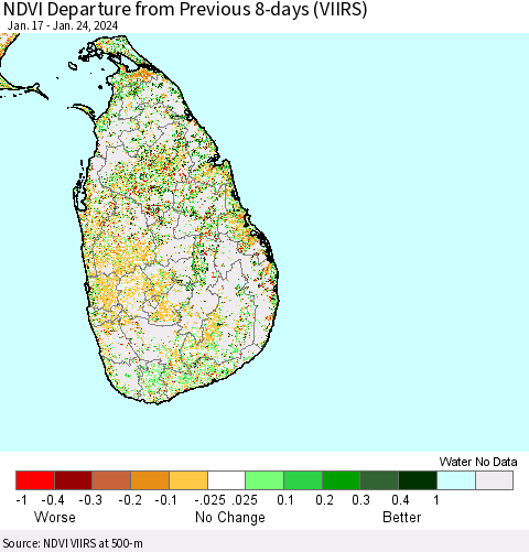 Sri Lanka NDVI Departure from Previous 8-days (VIIRS) Thematic Map For 1/17/2024 - 1/24/2024