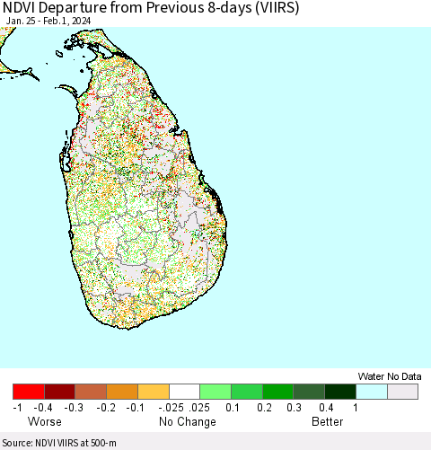 Sri Lanka NDVI Departure from Previous 8-days (VIIRS) Thematic Map For 1/25/2024 - 2/1/2024