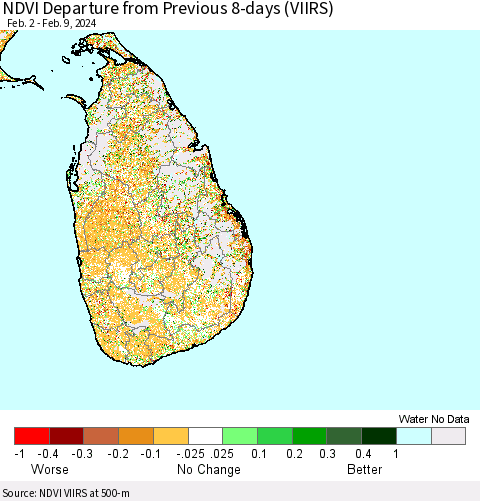Sri Lanka NDVI Departure from Previous 8-days (VIIRS) Thematic Map For 2/2/2024 - 2/9/2024