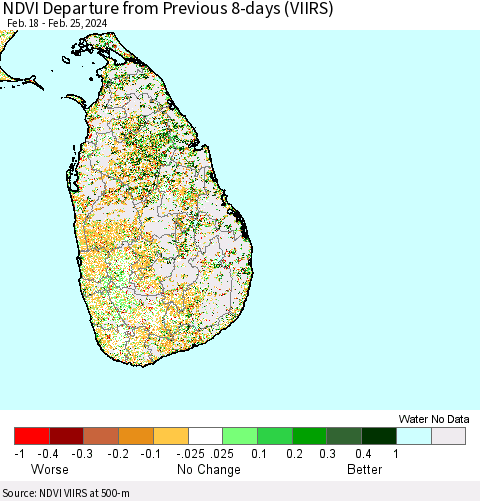 Sri Lanka NDVI Departure from Previous 8-days (VIIRS) Thematic Map For 2/18/2024 - 2/25/2024
