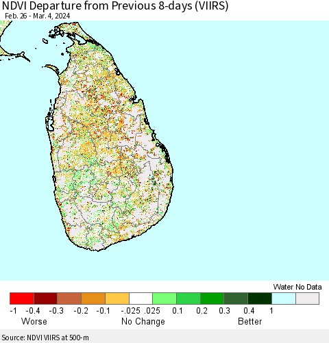 Sri Lanka NDVI Departure from Previous 8-days (VIIRS) Thematic Map For 2/26/2024 - 3/4/2024