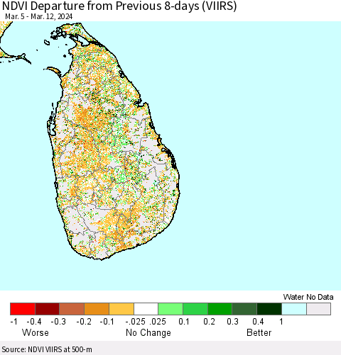Sri Lanka NDVI Departure from Previous 8-days (VIIRS) Thematic Map For 3/5/2024 - 3/12/2024