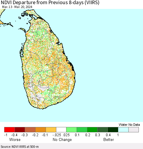 Sri Lanka NDVI Departure from Previous 8-days (VIIRS) Thematic Map For 3/13/2024 - 3/20/2024