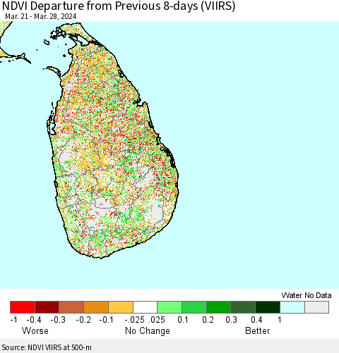 Sri Lanka NDVI Departure from Previous 8-days (VIIRS) Thematic Map For 3/21/2024 - 3/28/2024