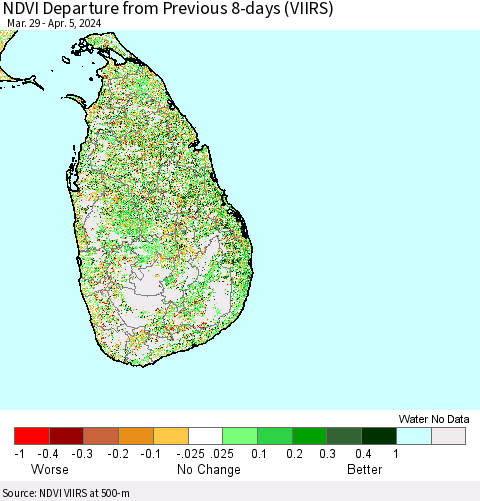 Sri Lanka NDVI Departure from Previous 8-days (VIIRS) Thematic Map For 3/29/2024 - 4/5/2024
