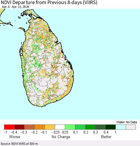 Sri Lanka NDVI Departure from Previous 8-days (VIIRS) Thematic Map For 4/6/2024 - 4/13/2024