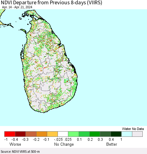 Sri Lanka NDVI Departure from Previous 8-days (VIIRS) Thematic Map For 4/14/2024 - 4/21/2024