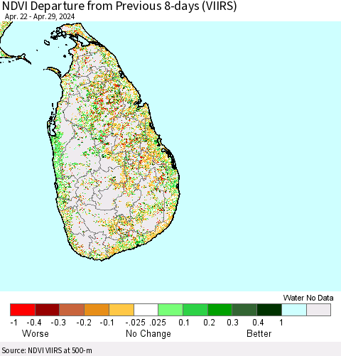 Sri Lanka NDVI Departure from Previous 8-days (VIIRS) Thematic Map For 4/22/2024 - 4/29/2024
