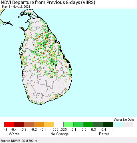 Sri Lanka NDVI Departure from Previous 8-days (VIIRS) Thematic Map For 5/8/2024 - 5/15/2024