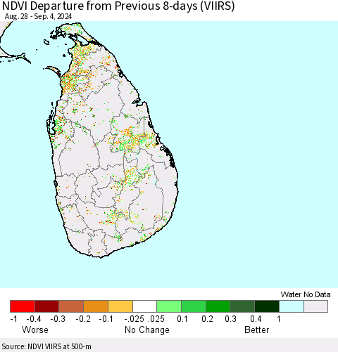 Sri Lanka NDVI Departure from Previous 8-days (VIIRS) Thematic Map For 8/28/2024 - 9/4/2024