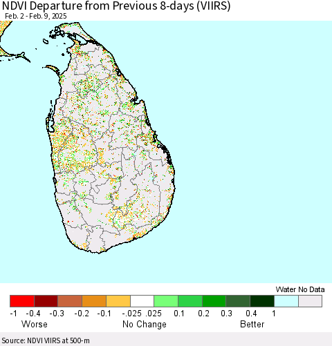 Sri Lanka NDVI Departure from Previous 8-days (VIIRS) Thematic Map For 2/2/2025 - 2/9/2025