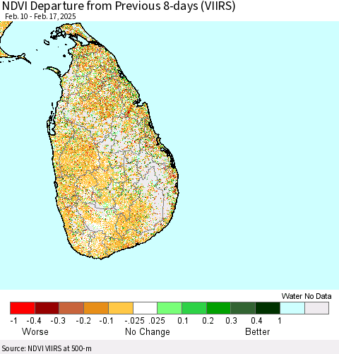 Sri Lanka NDVI Departure from Previous 8-days (VIIRS) Thematic Map For 2/10/2025 - 2/17/2025