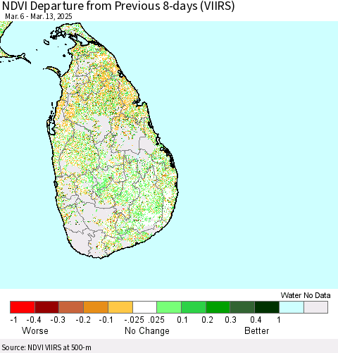 Sri Lanka NDVI Departure from Previous 8-days (VIIRS) Thematic Map For 3/6/2025 - 3/13/2025