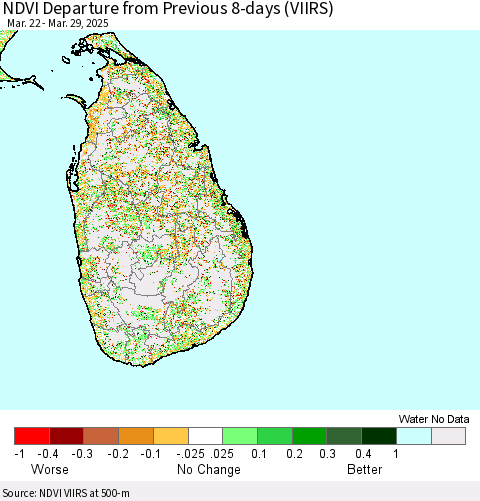 Sri Lanka NDVI Departure from Previous 8-days (VIIRS) Thematic Map For 3/22/2025 - 3/29/2025