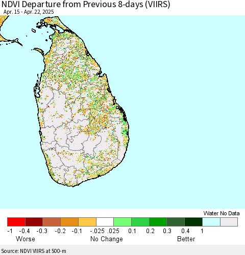 Sri Lanka NDVI Departure from Previous 8-days (VIIRS) Thematic Map For 4/15/2025 - 4/22/2025