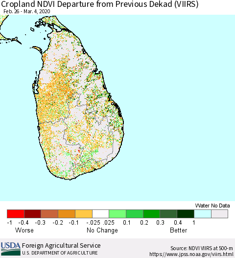 Sri Lanka Cropland NDVI Departure from Previous Dekad (VIIRS) Thematic Map For 3/1/2020 - 3/10/2020