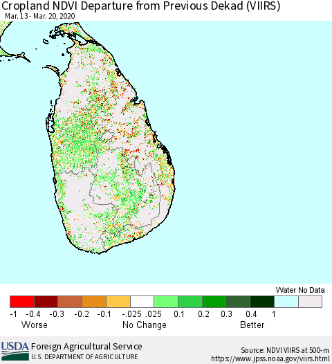 Sri Lanka Cropland NDVI Departure from Previous Dekad (VIIRS) Thematic Map For 3/11/2020 - 3/20/2020