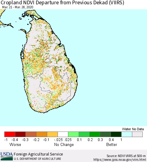 Sri Lanka Cropland NDVI Departure from Previous Dekad (VIIRS) Thematic Map For 3/21/2020 - 3/31/2020